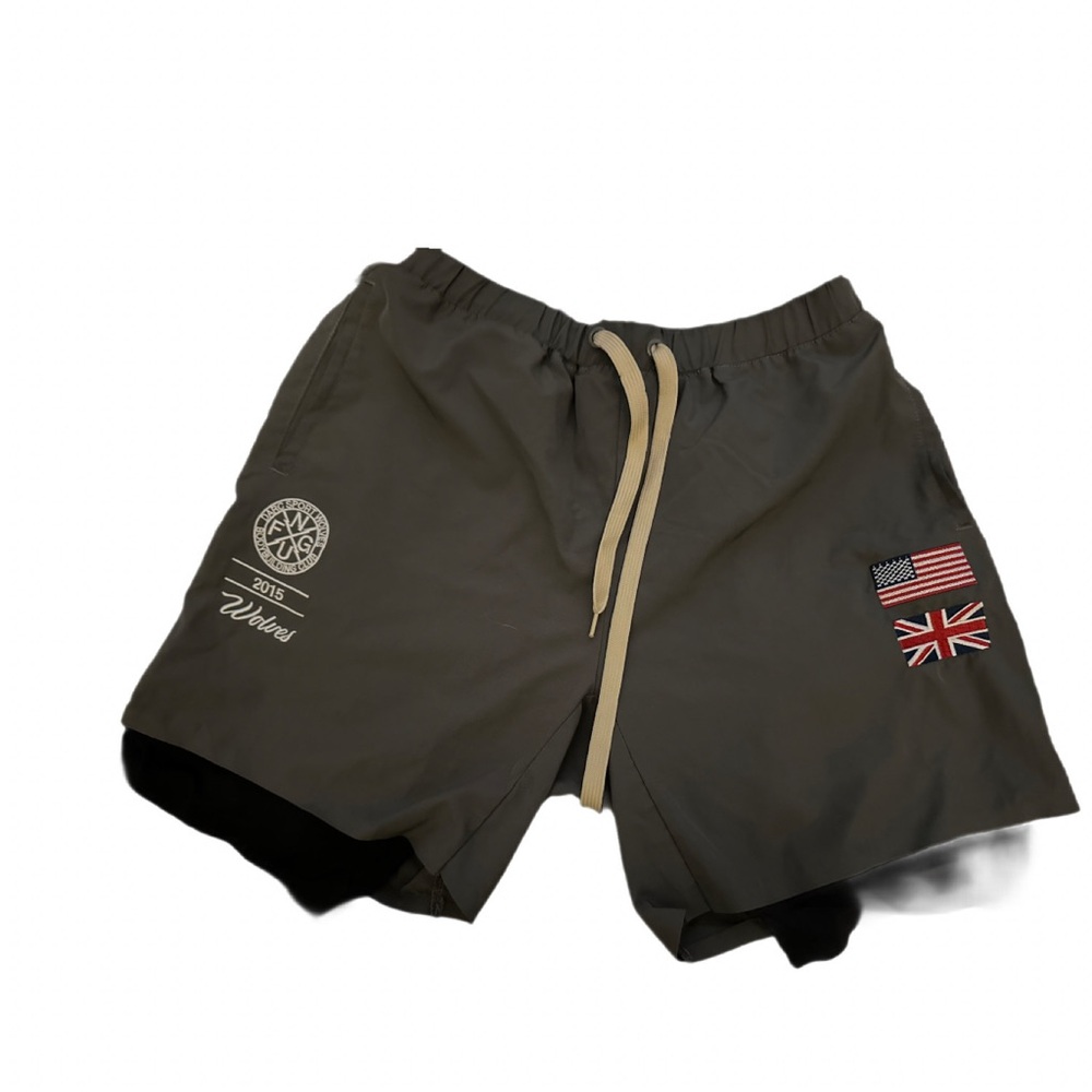 Darc Sport Olive Green Athletic Shorts with Tan Drawstring and Flag Patches